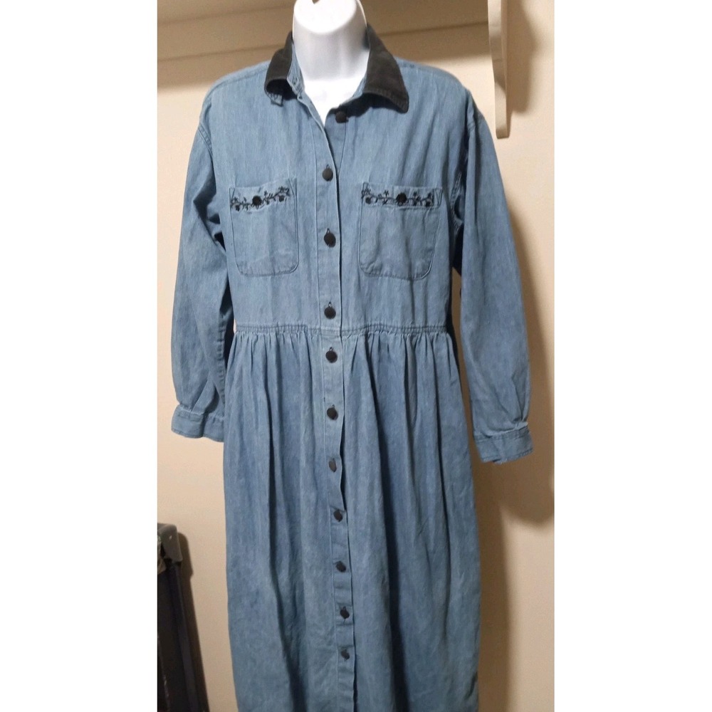 CAPACITY Denim Corduroy Collar Dress Button Front Embroidered Pockets Women's M